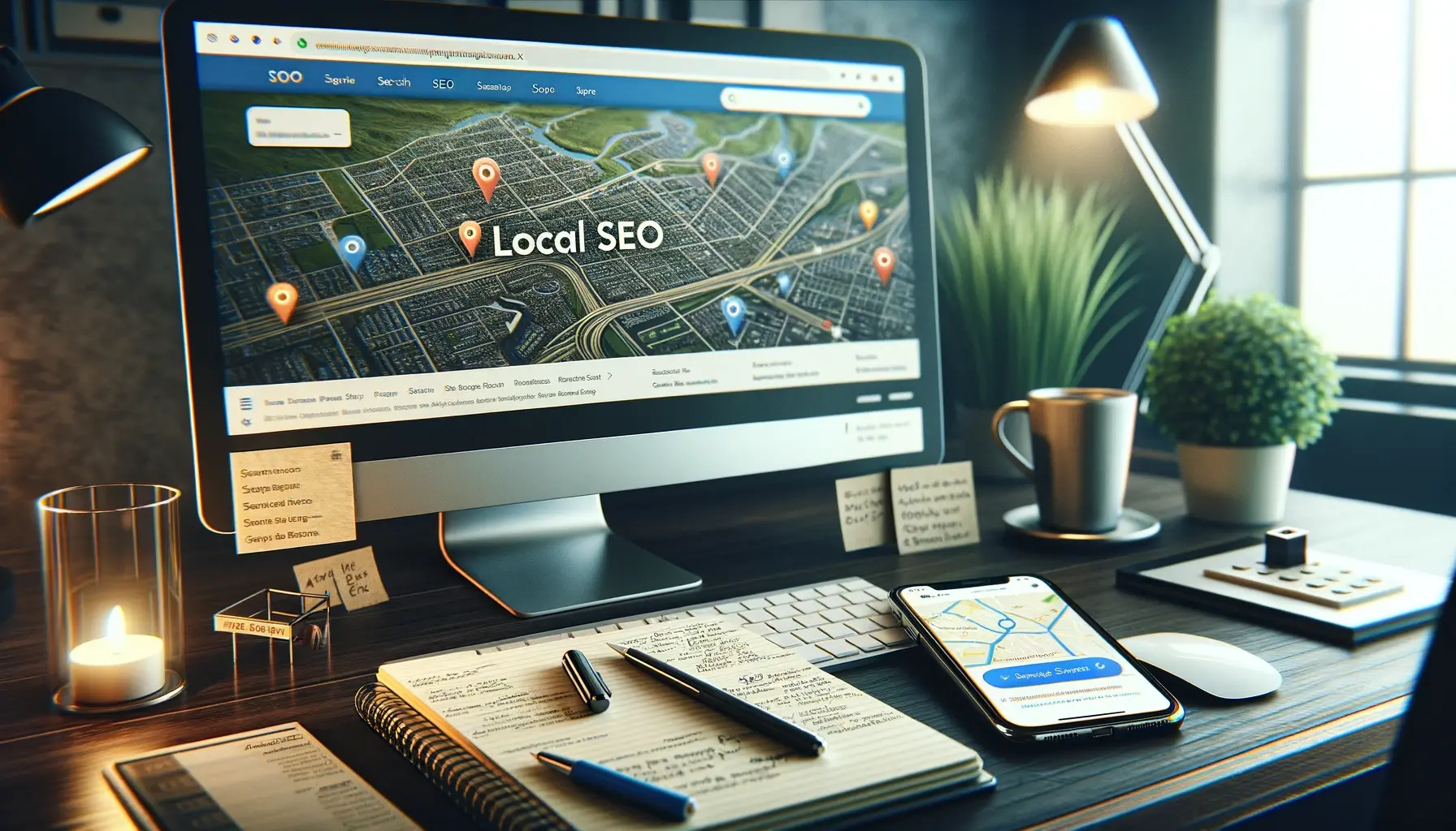 DALL·E 2023 11 21 16.33.28 A hyperrealistic photographic style image representing the theme Local SEO in a 16 9 aspect ratio. The image should depict a modern workspace with